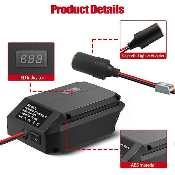 DC 18V til 12V Nedtrappingsomformer for 18V Batteri, Sigarettenneradapter, Strømhjuladapter for Bil