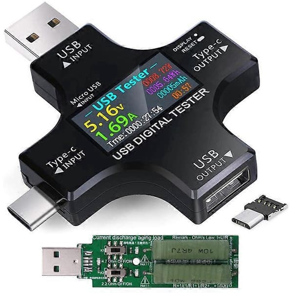 Elektrisk Testare 2 i 1 Typ C USB Testare Färgskärm IPS Digital Voltmeter, Spänning, Ström, Effekt, Temperatur, med Last