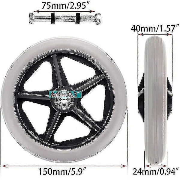 6 tums rullstolsersättningshjul i gummi - 2 st - Halkfria universella framhjul för rollator
