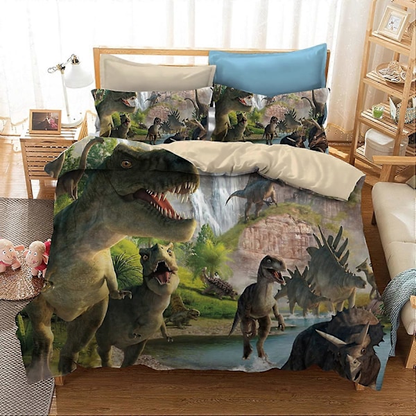 Dinosaur Sengetøy Jurassic Age T-Rex Raptors Dynetrekk og Putetrekk Sett Barn Gutter Soveromsdekorasjon Sengesett Mikrofiberstoff Uten Dyne - Twi