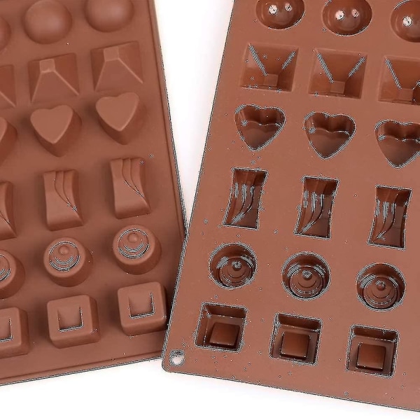 Chokoladeform med 30 hulrum, 3 pakker non-stick fødevaregodkendt silikonechokolade-slikgeléform - 6 typer