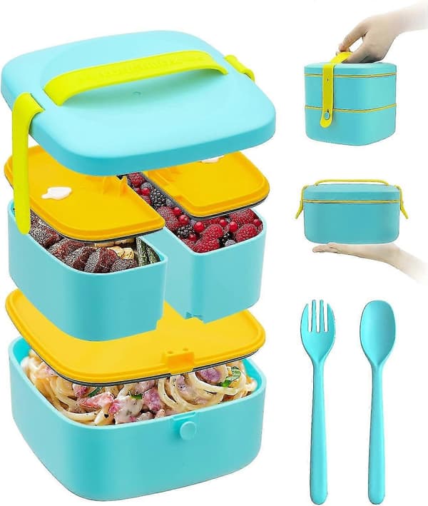 Uppgraderad Stapelbar Bento Lunchlåda - Läcksäker Behållare Med Bestick (1600ml, Blå)