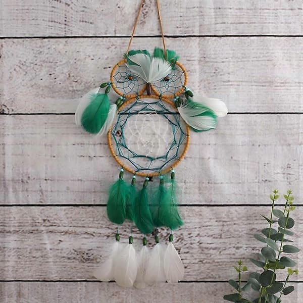 Boho Uggla Drömfångare Handgjord Traditionell Fjäder Drömfångare Hängande Väggdekorationer för Hem Sovrum Mörkgrön