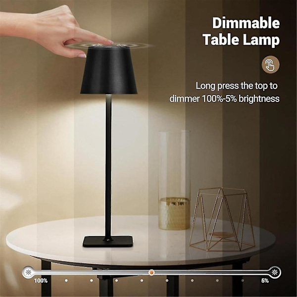 Moderne Led Bærbar Trådløs Bordlampe, USB Oppladbar Berørings Skrivebordslampe, 3 Farger & Trinnløs Dimming Nattbordslamper Svart