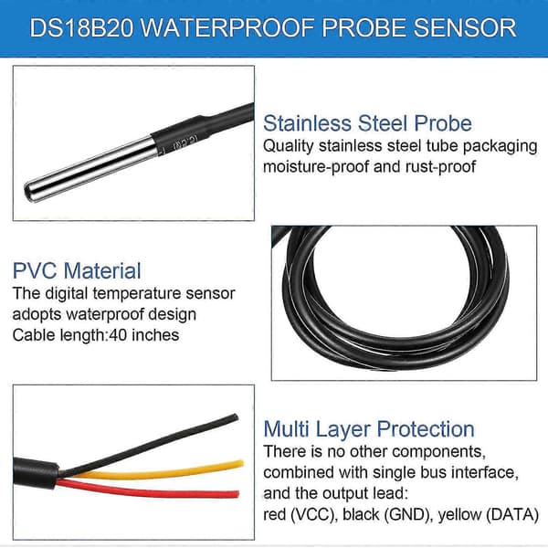 4 Sæt DS18B20 Temperatur Sensor Kit med 1 M/ 3.2 Ft Vandtæt Digitalt Rustfrit Stål Probe -55 Banmo