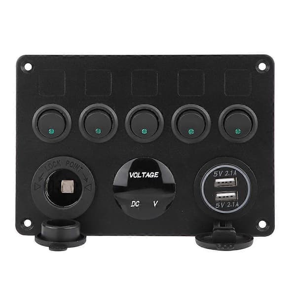 12-24V 5 Gang On/Off Vippekontaktpanel Dobbelt USB Voltmeter til Bil Båd Marine Lastbil Grøn LED