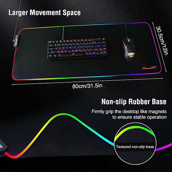 Gaming Mousepad, RGB Stor Mousepad XXL, Ekstra Stor med Flere Lystilstande, Anti-Slip Bund, Vandafvisende & Bærbar LED Mousepad til Laptop Computere