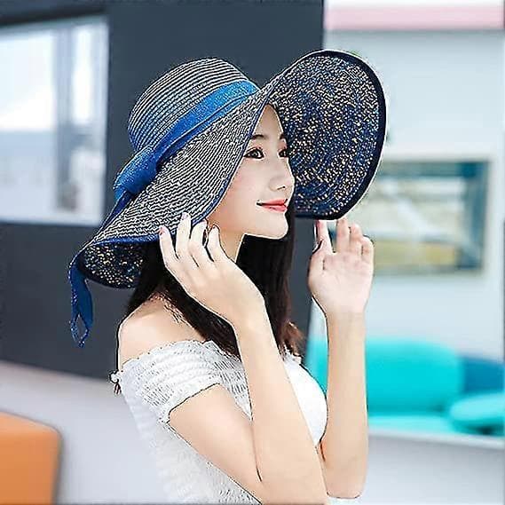 Dame Bredskygget Solbeskyttelse Stor Sløjfe Stråhat, Foldbar Floppy Hat, Sommer UV-beskyttelse Upf50+