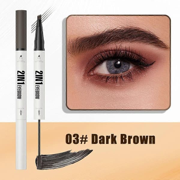2-i-1 Ögonbrynspenna med Gel, 3D Microblading Ögonbrynspenna med 4 Spetsar & Borste Dark Brown