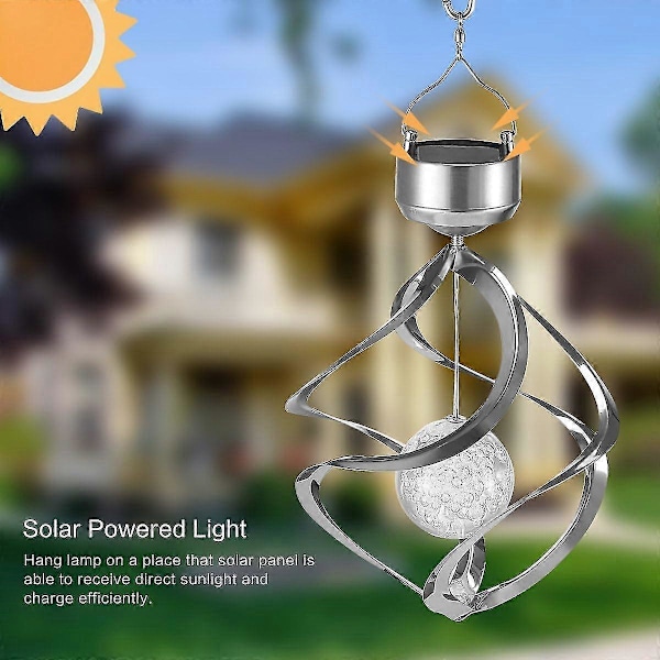 Aurinkoenergialla toimiva LED-tuulikello valoanturilla, värinvaihtava pyörivä kristallipallovalo puutarhaan, ulkokoristeet, riippuva lamppu, tuulipyörre nurmikoille
