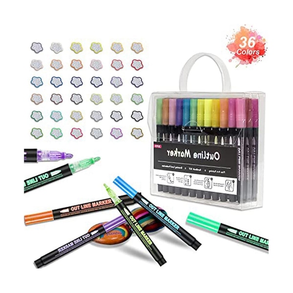 24 färger kontur metalliska markörer, akrylfärg markör målarpenna glitter ritstift för trä, ro