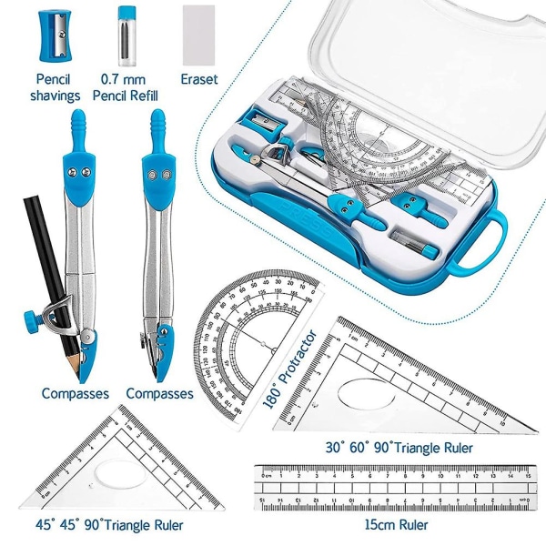 Geometriset 10-dels Utrustningsset, inklusive Kompass, Vinkelhake, Linjal, Suddgummi, Penna, för Ritning och