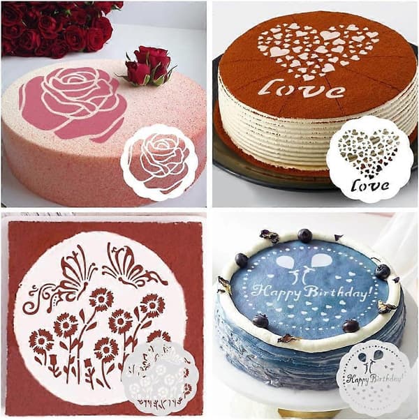 4 Stycken Tårtstencil, med Eleganta Blommönster (15 cm)