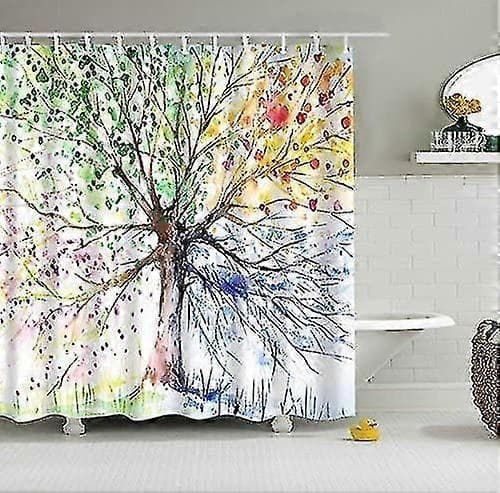Vattentätt digitaltryckt badrumsgardin, mögelresistent duschdraperi i polyester med 12 ringar (träd med fyra årstider, 180x200cm)