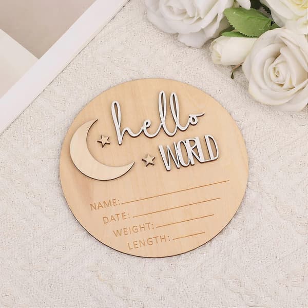 Födelseannonseringsskylt, 15 cm Trä Hello World Nyfödd Skylt Nytt Babynamn