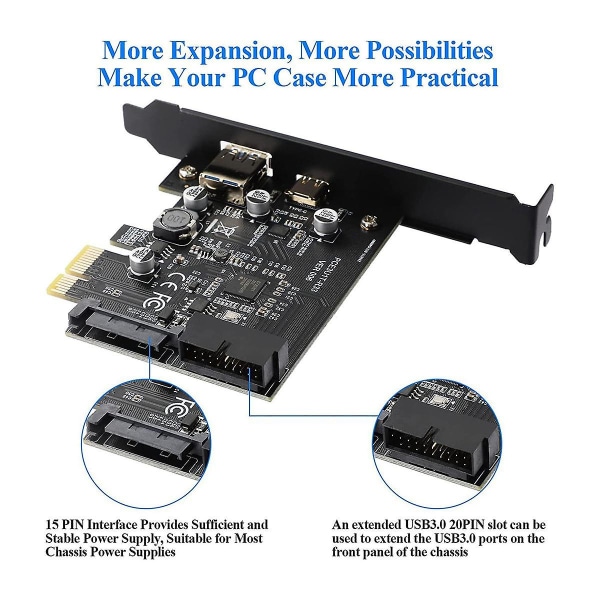 PCI-E 1X till USB 3.2 Gen1 USB3.2 Typ-C Frontadapterkort 2 Portar (Typ C+ Typ A) Utbyggnadskort