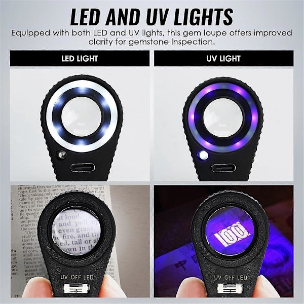 10x Juveler Lup med UV & LED Lys, Genopladelig 10x Lup Forstørrelsesglas 22mm Optisk Glas Triplet