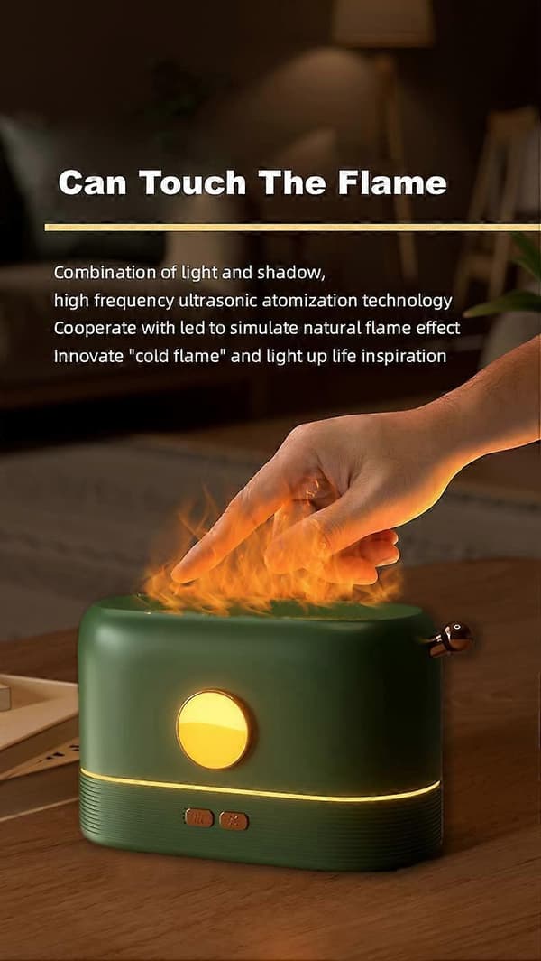 Flamme Essensiell Olje Diffusorer Aromaterapi Luftfukter 200ml Luftrensere Ultralyd Aroma Diffuser 3D Flamme Stille Tåke Vannfordamper Grønn