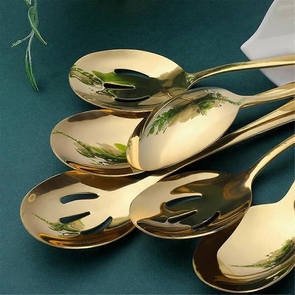 Guld Serveringsskeer 6 Stykker, Rustfrit Stål Serveringsredskaber med Spejlpolering, 3 Serveringsskeer og 3 Hulskeer