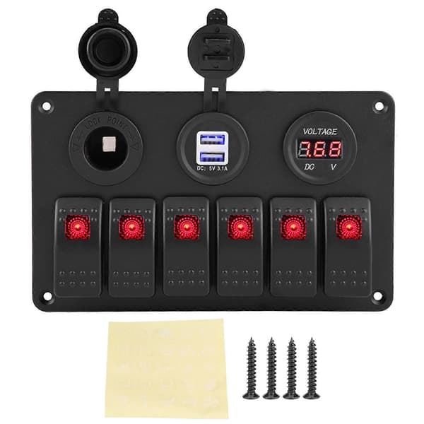 12V 24V 6-gang bil/båt LED vippebryterpanel med dobbel USB-voltmeter og sigaretttenner rød