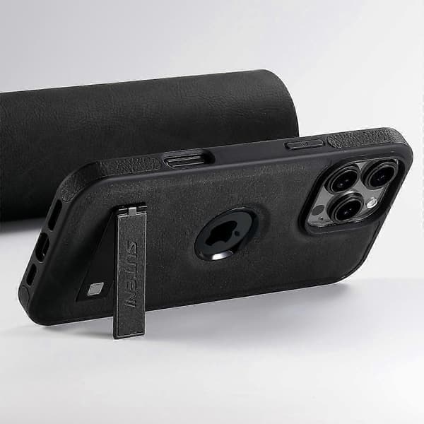 Magnetisk etui med støttefod i litchi-tekstur læder + TPU-cover til iPhone 16 Pro Max