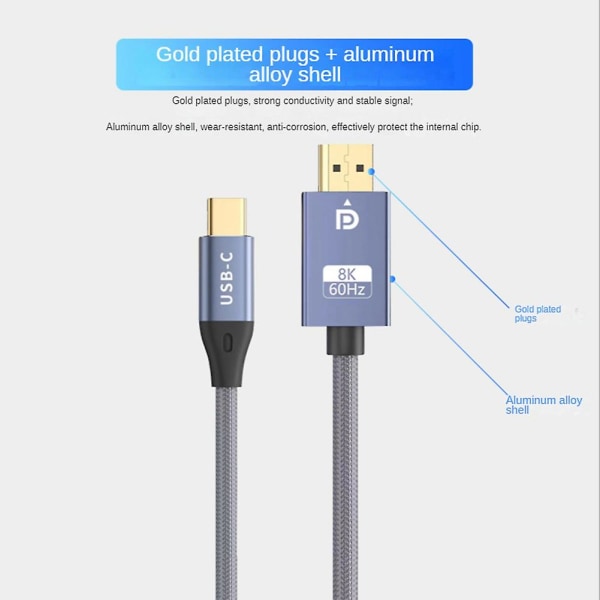 Usb C til Displayport-kabel Toveis 8k 60hz skjermport til Type-c 3.1 Dp-kabel for 3 for Pro