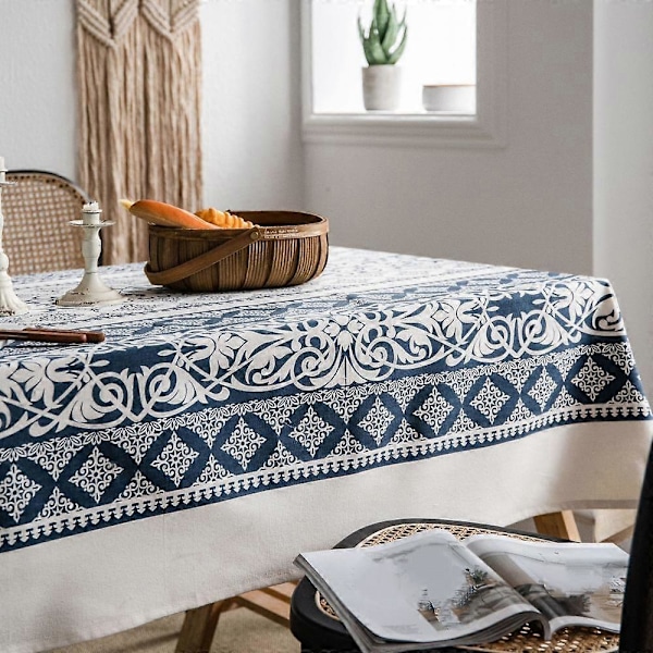 Bordduk, 100% bomull og lin Boho rektangulær duk, håndblokktrykt blomstrete duk for spisebordsselskaper, bryllup, jul, utendørs,