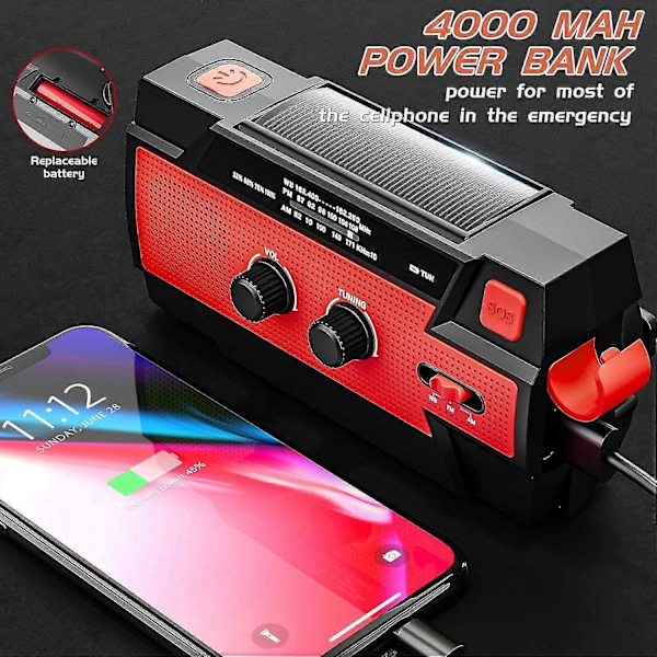 Nödradio, Handvev Solenergi, 4000mah Portabel Väderradio, Väderradio, Utomhusradio Med Ficklampa Och Rörelsesensor Läslampa