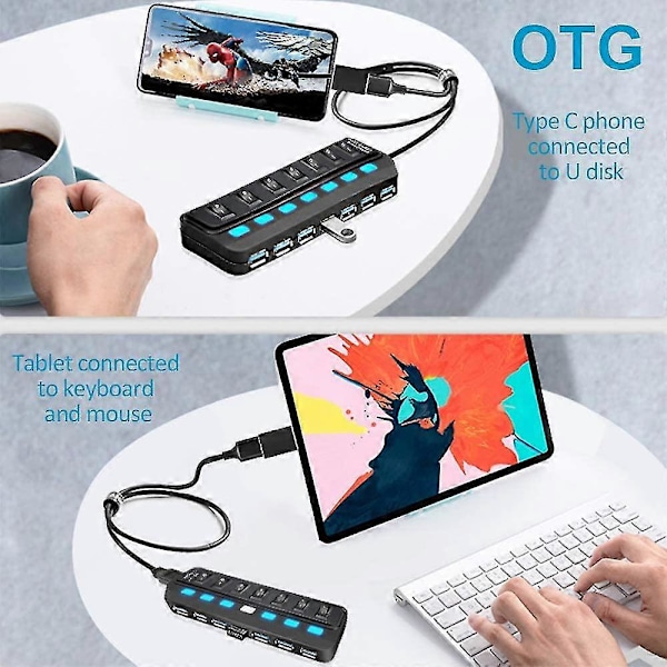 USB-hubb 3.0 7 portars datahubb USB-splitter med individuella strömbrytare