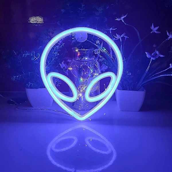 Alien Neonskilt, USB eller 3-AA Batteridrevet Neonlys, LED Borddekorasjon, Veggdekorasjon til Soverom, Bursdagsgave (blå)