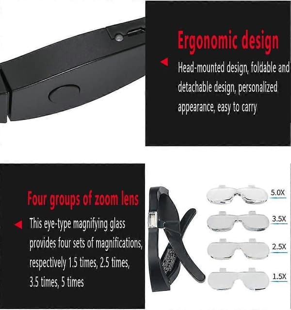 Huvudbandslupe för klockreparation, handsfree-lupe med 2 linser, LED-lampor med
