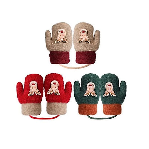 3 par Toddler Stretch Votter, Vinter Varme Strikkede Magiske Votter Hansker, Rød+grønn+khaki (d-4)