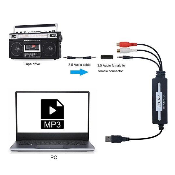 USB 3,5 mm ljudinspelningsadapter för att digitalisera ljud från kassettband