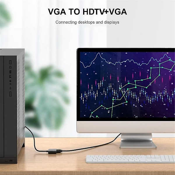 VGA til HDTV + VGA-konverter for å koble datamaskin til skjerm og TV, dobbel skjerm med skjermadapterkabel