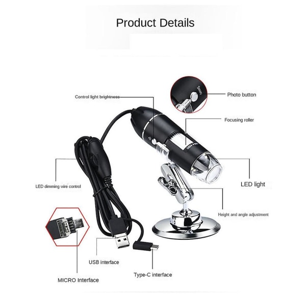 1600X USB digital mikroskopförstoringsmikroskopkamera, kompatibel för fönster 7/8/10, handhållen