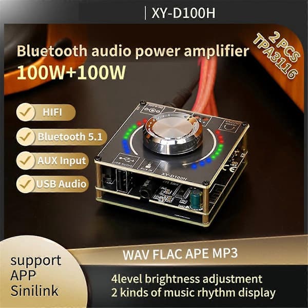 XY-D100H DC 9-24V/5A 100W+100W Digital Audio Effektforsterker Bluetooth 5.1 Stereo AUX USB Lydkort Forsterker Modul