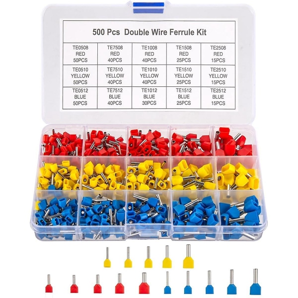 Double Wire Ferrules Kit, 500pcs Wire Ferrule Terminals, Insulated Ferrule Crimp Pin Terminals, Cor