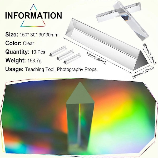 10-pack Klara Triangulära Prismor Optiskt Glas Prismor Kristall, Ljusspektrum Fysik för Vetenskap Te