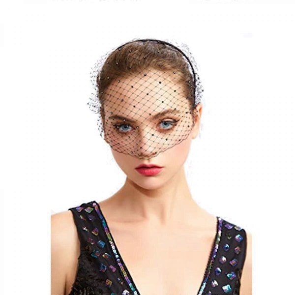 Brudeslør Kort med Perlekam 1920'er Flapper Fascinator Mesh Slør Enkeltlags Birdcage Slør til Bryllup (Sort)