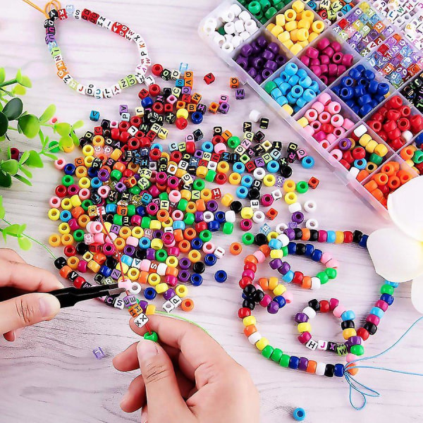1000 stykker armbånd til fremstilling af perler Abc Beads Beads Letter Alfabet Perler med 8 ruller Farverig elastik