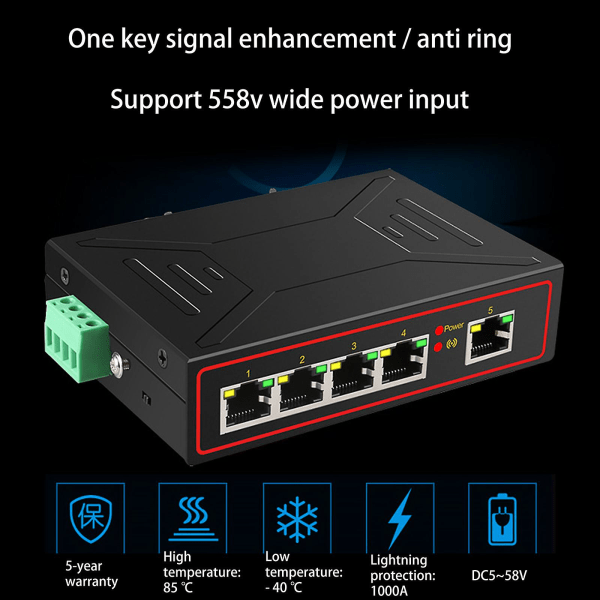 5-portars industriell ohanterad Ethernet-nätverksswitch, 5-portars Ethernet-splitter