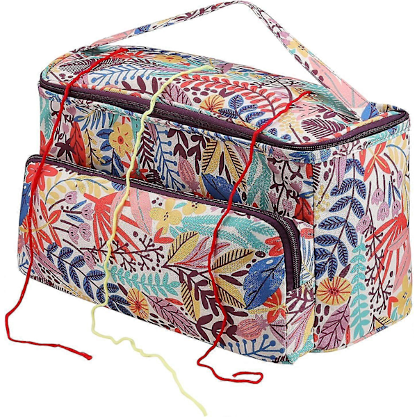 Stickväska, Projektväska för Virkning och Stickning, Tygväska för Garnförvaring, Stickväska med Fack och Ficka, Garnväska 36cm x 19cm
