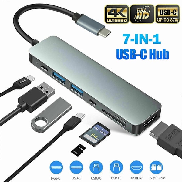 7 i 1 Multiport Docking Station USB-C Hub Type C Til USB 3.0 4K HDMI Adapter til Laptop