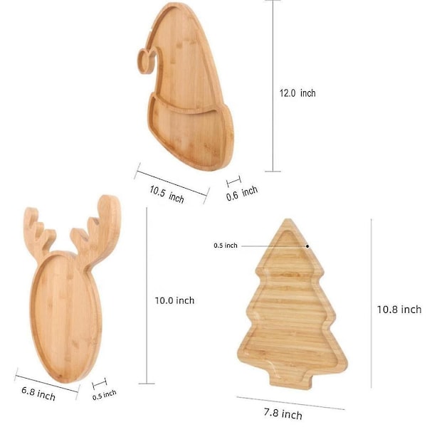3 stk. Jule Serveringsbrett i Tre, Tallerken i Tre, Serveringsfat for Jul, DIY Unik Mat, Kake, Snacks, Frukt