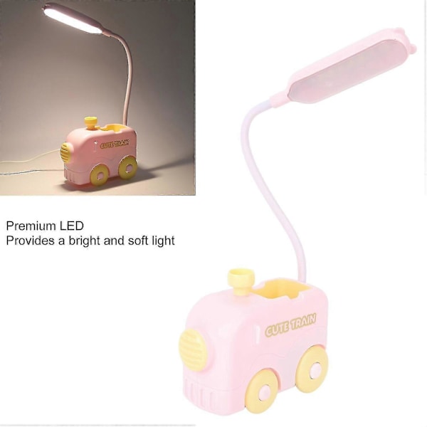 LED Nattbordslampe med Penneholder for Barn Rosa - Mini Tog Design, USB-Lading, Øyebeskyttelse Banmo
