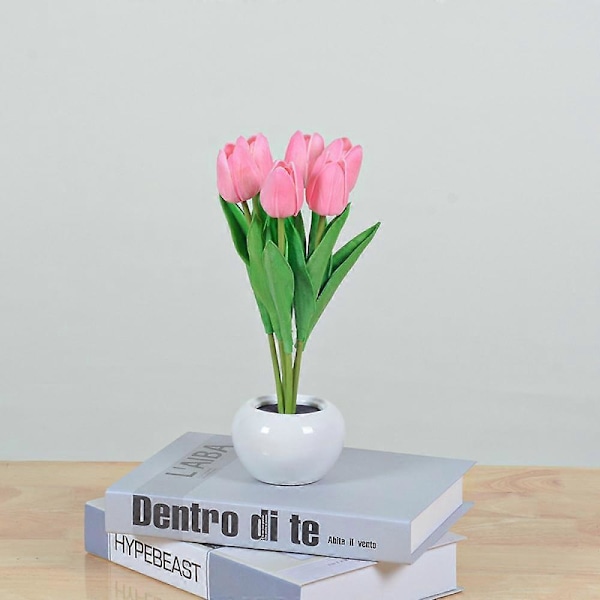 Tulipanlampe, Simulert Tulipannattlys for Stue Soverom med Vase, Bordlampe Ornamenter for Hjem Stue Dekor (Rosa)