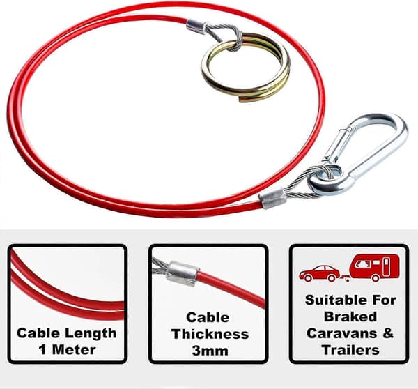 NY MODELL BRUDDKABEL PVC RØD, 1M x 3MM SIKKERHETSKABEL FOR TILHENGER OG CAMPINGVOGN