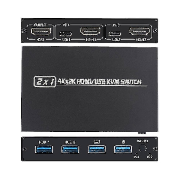 2-portars HDMI USB KVM 4K Switch Splitter för delad monitor, tangentbord och mus, adaptiv EDID / HDCP, skrivare, Plug and Play