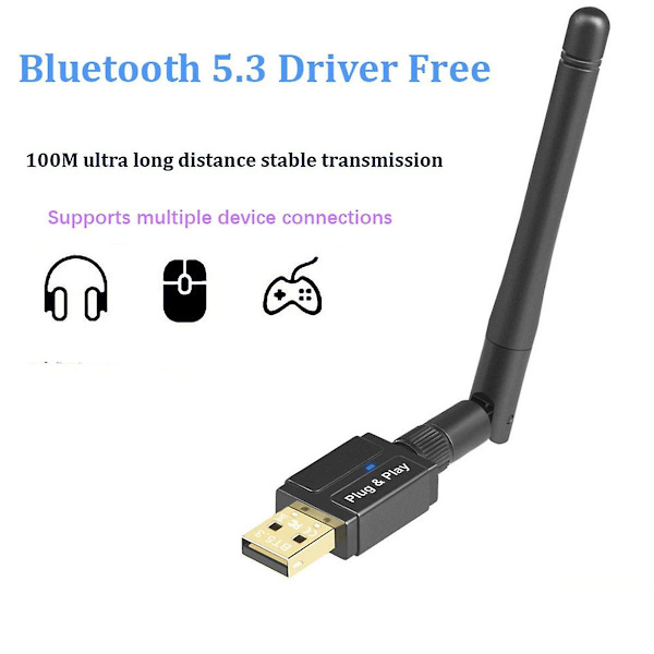 Bluetooth 5.3 Adapter - Driverfri USB-mottaker og -sender for datamaskin, for langdistanseoverføring