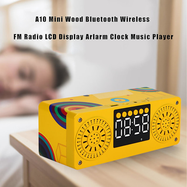 A10 Mini Puu Bluetooth-yhteensopiva Langaton FM-Radio LCD-näyttö Herätyskello Musiikkisoitin